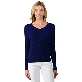 Midnight Blue Cashmere Cable-knit V-neck Sweater - J CASHMERE