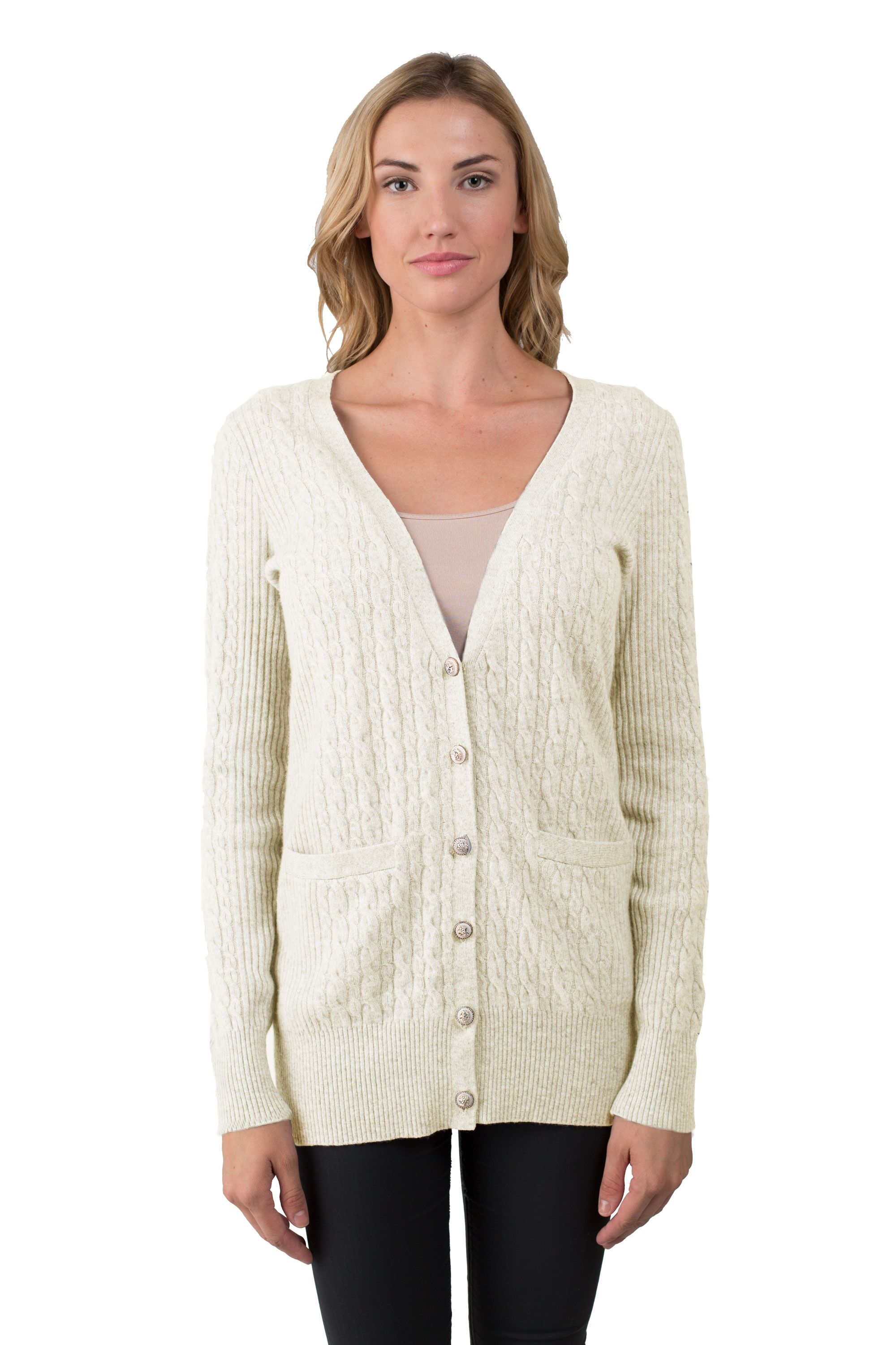Cream Cashmere Cable-knit V-neck Long cardigan Sweater - J CASHMERE