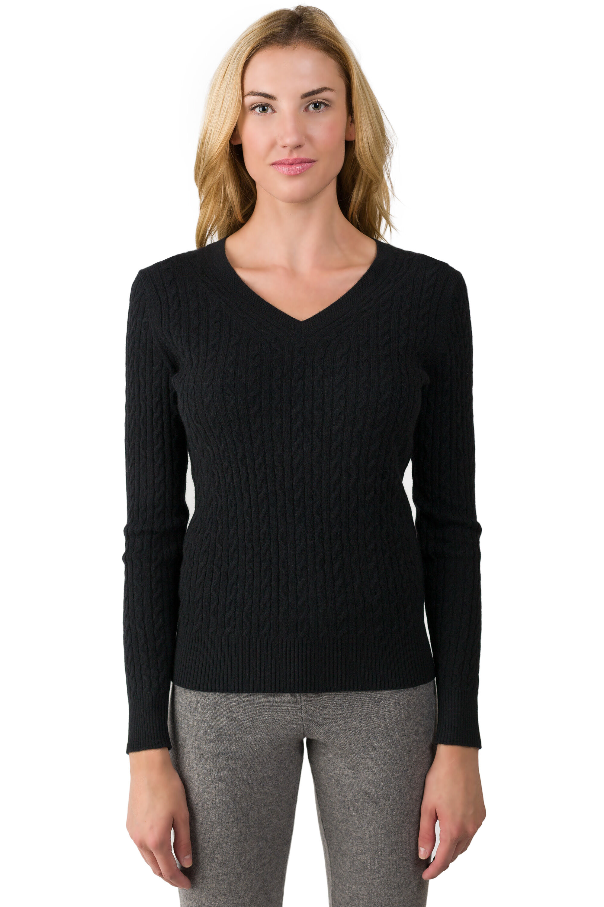 Black Cable Cashmere V-neck Sweater - J CASHMERE
