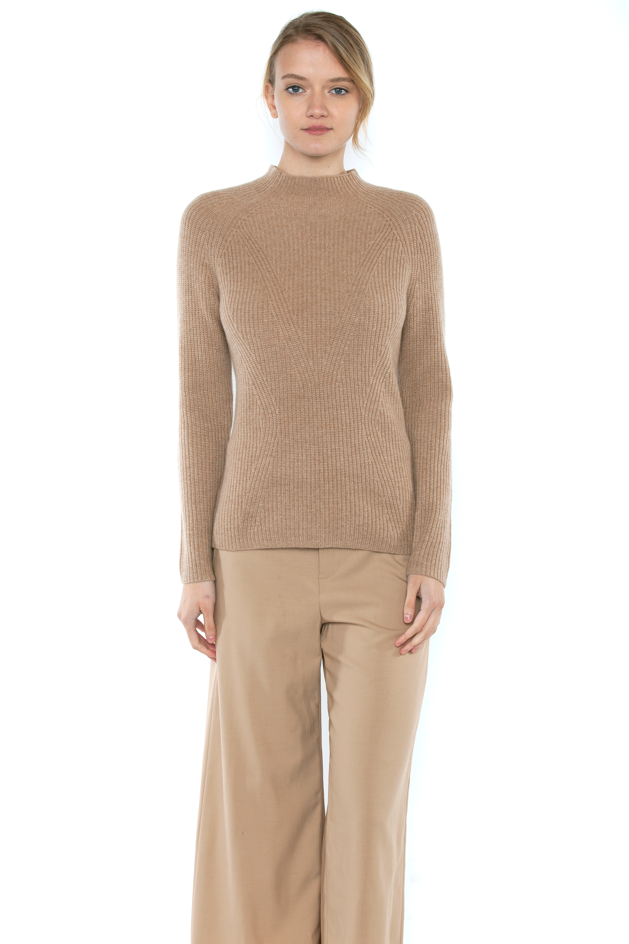 JENNIE LIU Women's 100% Pure Cashmere Long Sleeve Chuncky Rib Funnel Neck  Sweater - J CASHMERE