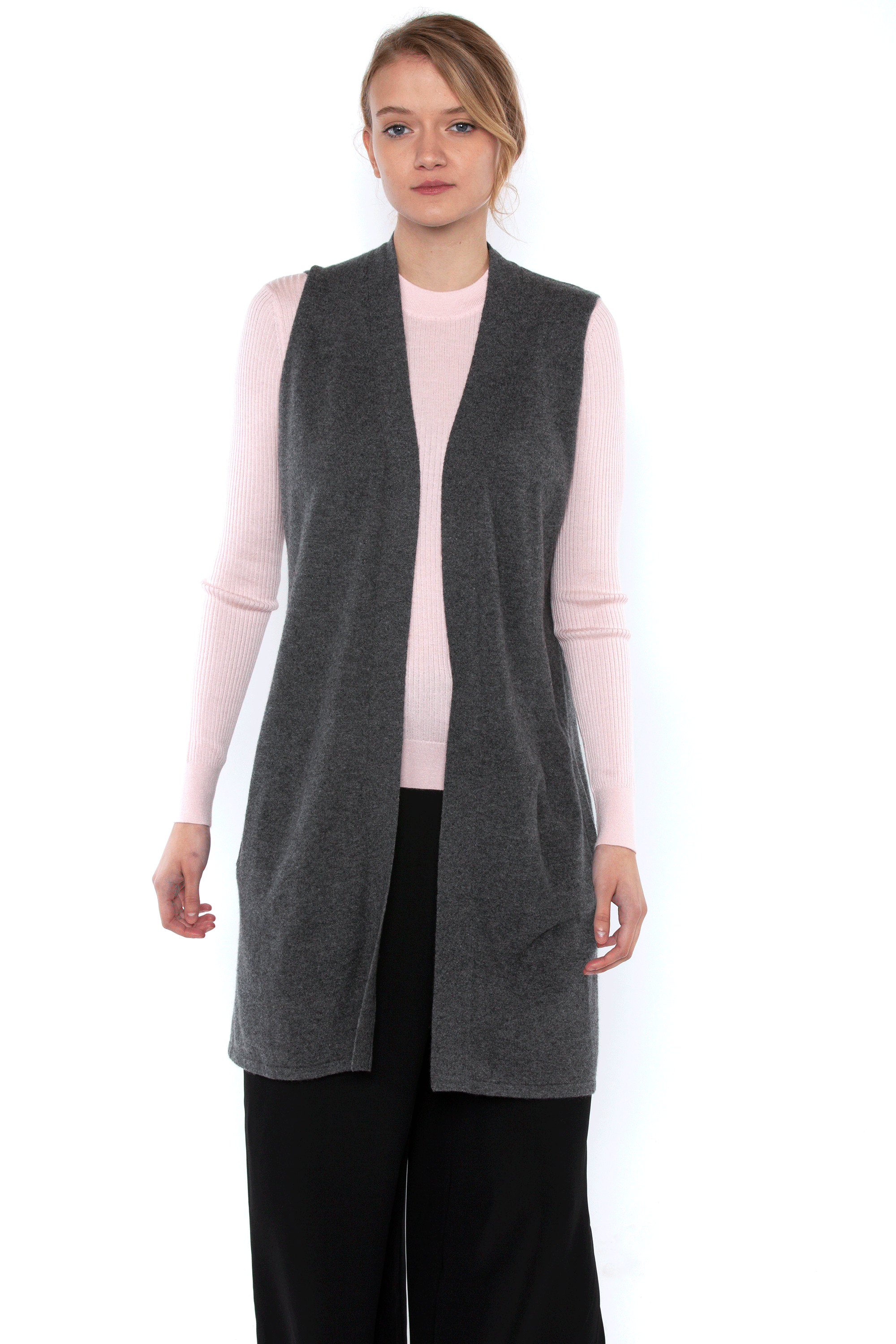 JENNIE LIU Womens 100% Pure Cashmere Sleeveless Cardigan Sweater Duster Vest  - J CASHMERE