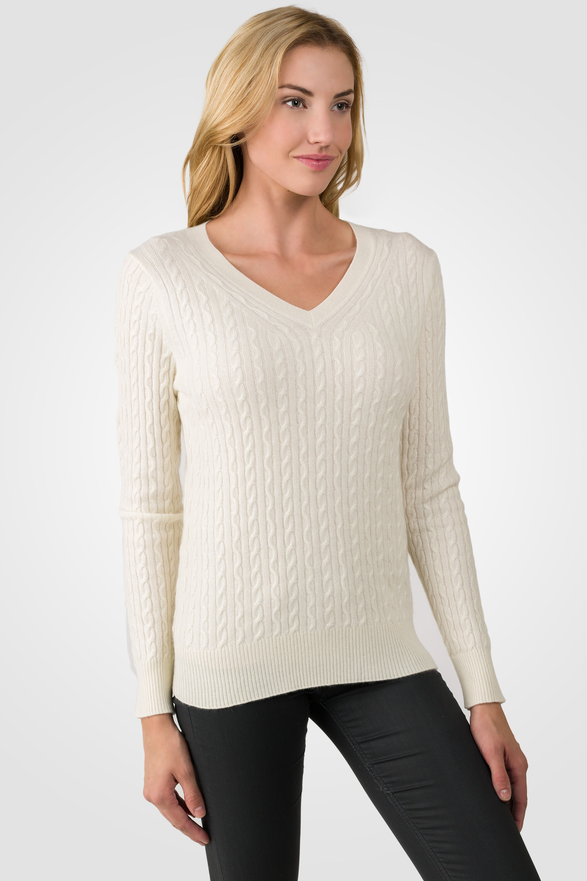 Cream Cashmere Cable-knit V-neck Sweater - J CASHMERE
