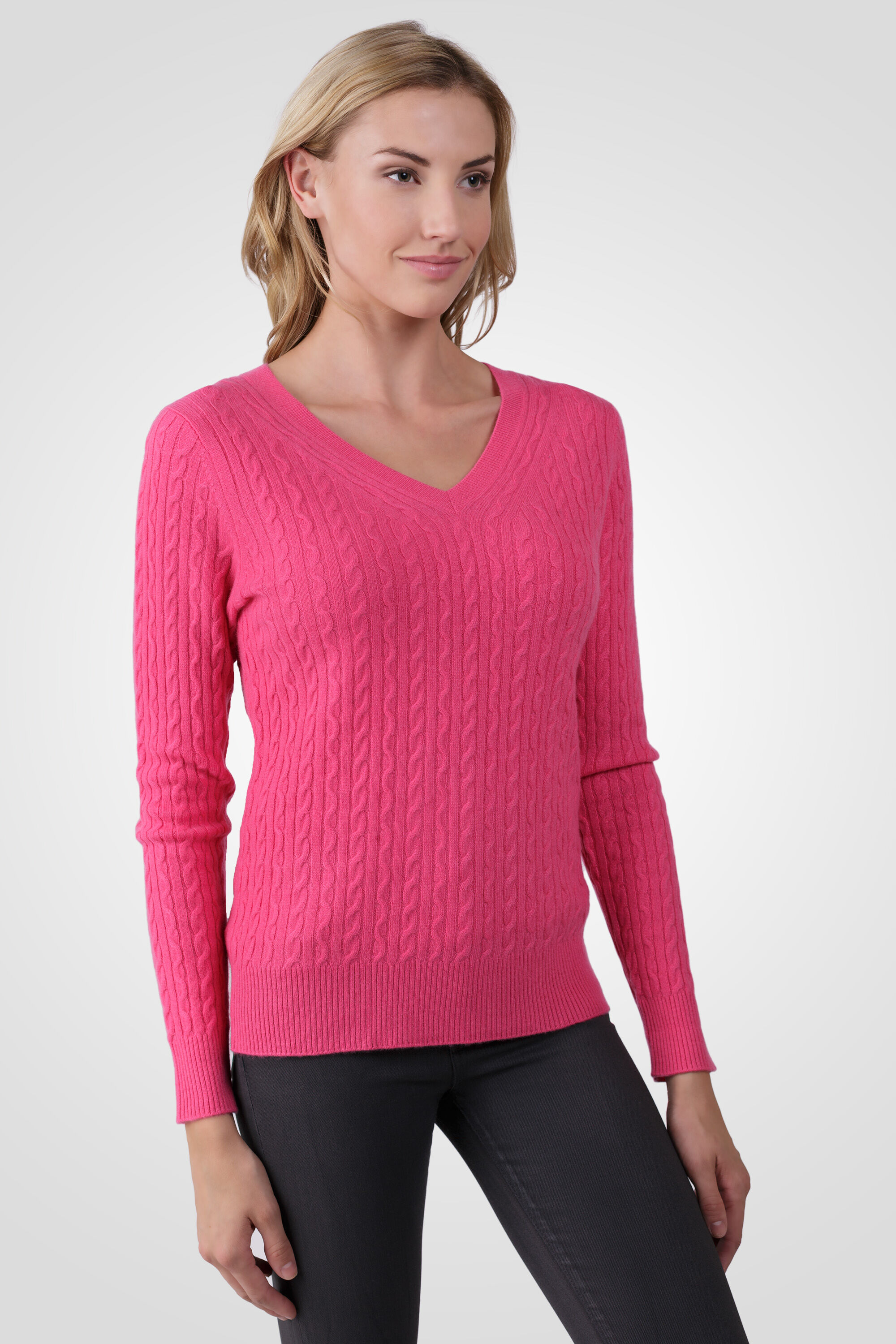 Hot Pink Cashmere Cable-knit V-neck Sweater - J CASHMERE