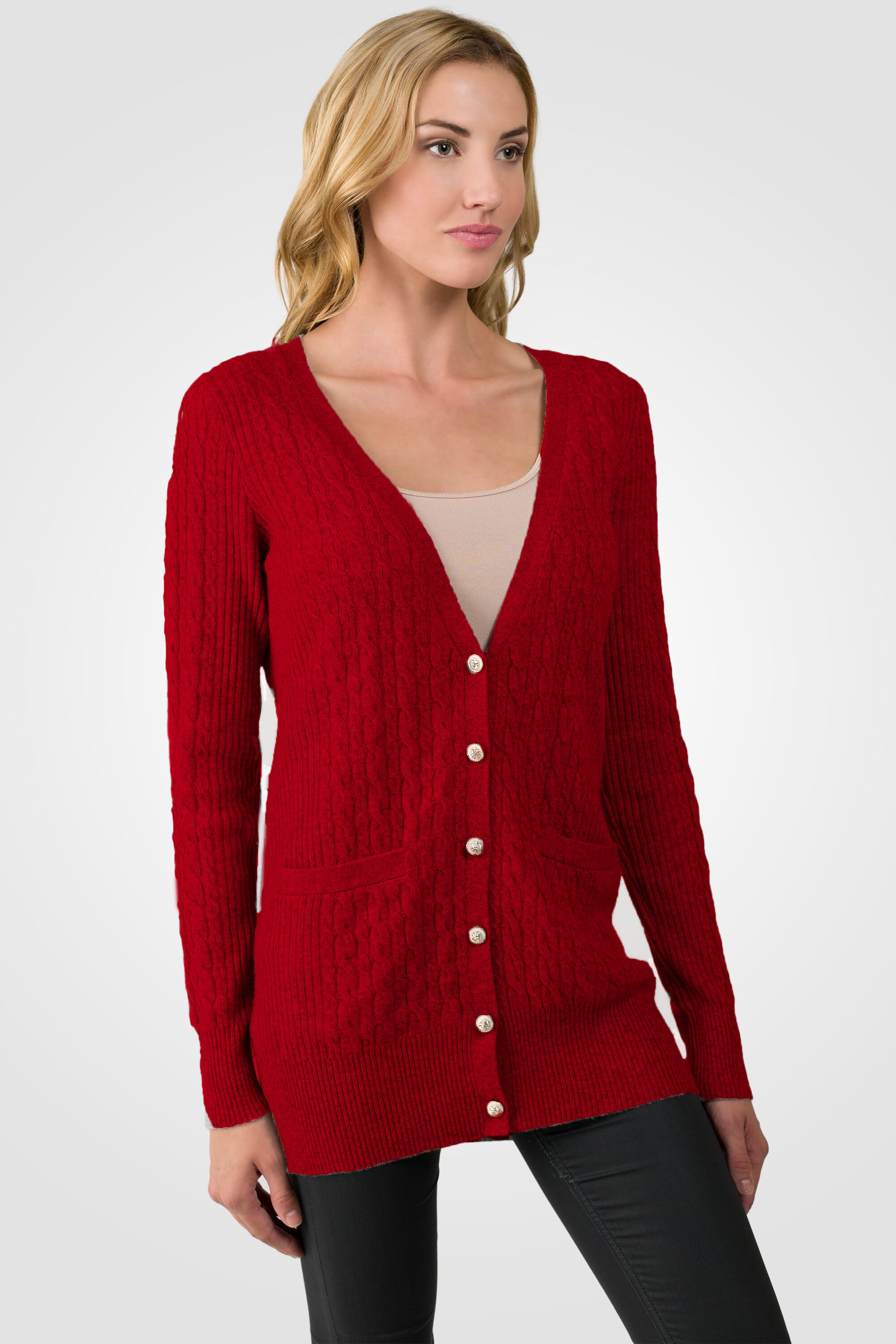 Red Cashmere Cable-knit V-neck Long cardigan Sweater - J CASHMERE
