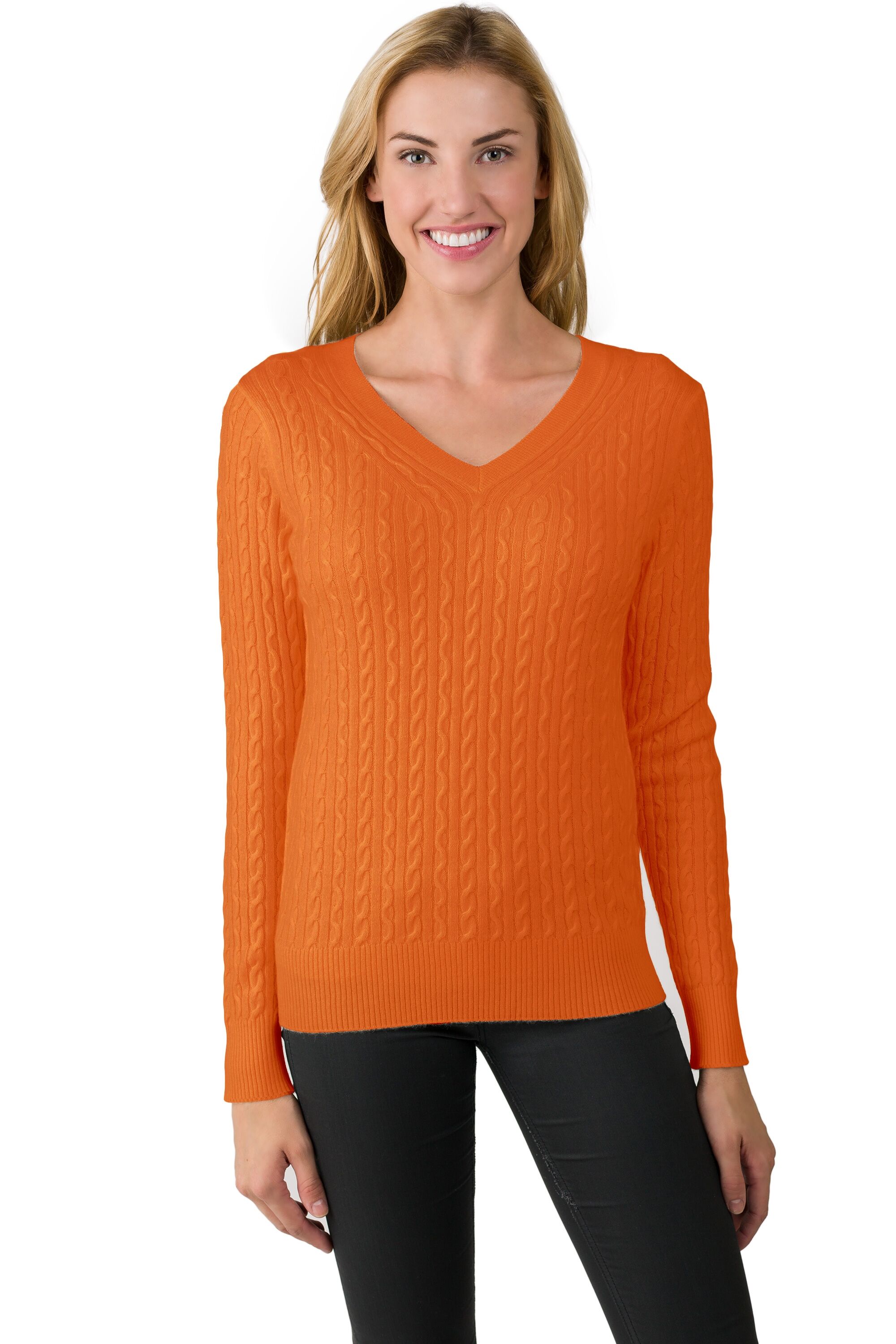 Tangerine Cashmere Cable-knit V-neck Sweater - J CASHMERE