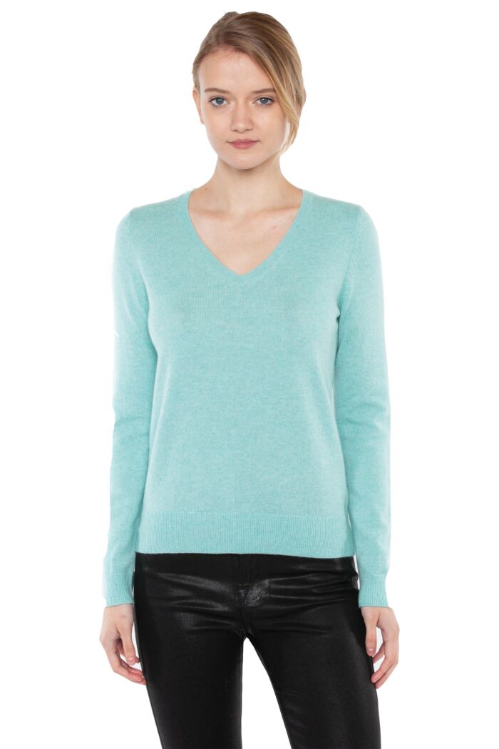 JENNIE LIU Women's 100% Pure Cashmere Long Sleeve Pullover V Neck Sweater(M, Aqua)