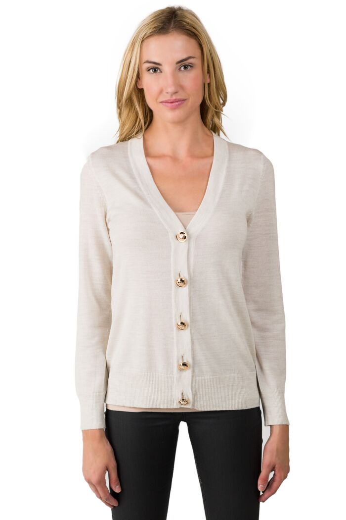 Beige Merino Wool Long Sleeve V Neck Cardigan Sweater Front View