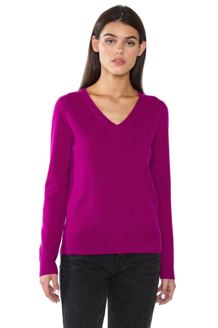 JENNIE LIU Women's 100% Pure Cashmere Long Sleeve Pullover V Neck Sweater(M, Berry)