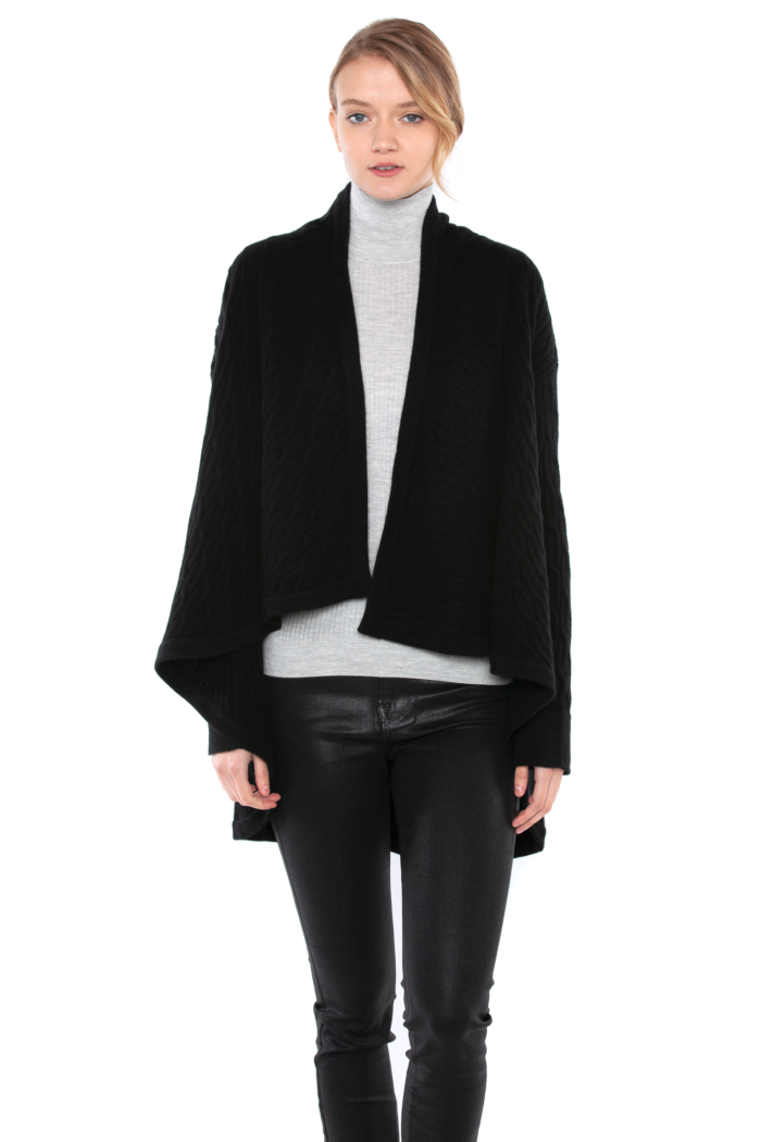 JENNIE LIU Women's 100% Pure Cashmere 4-ply Cable-knit Drape-front Open Cardigan Sweater