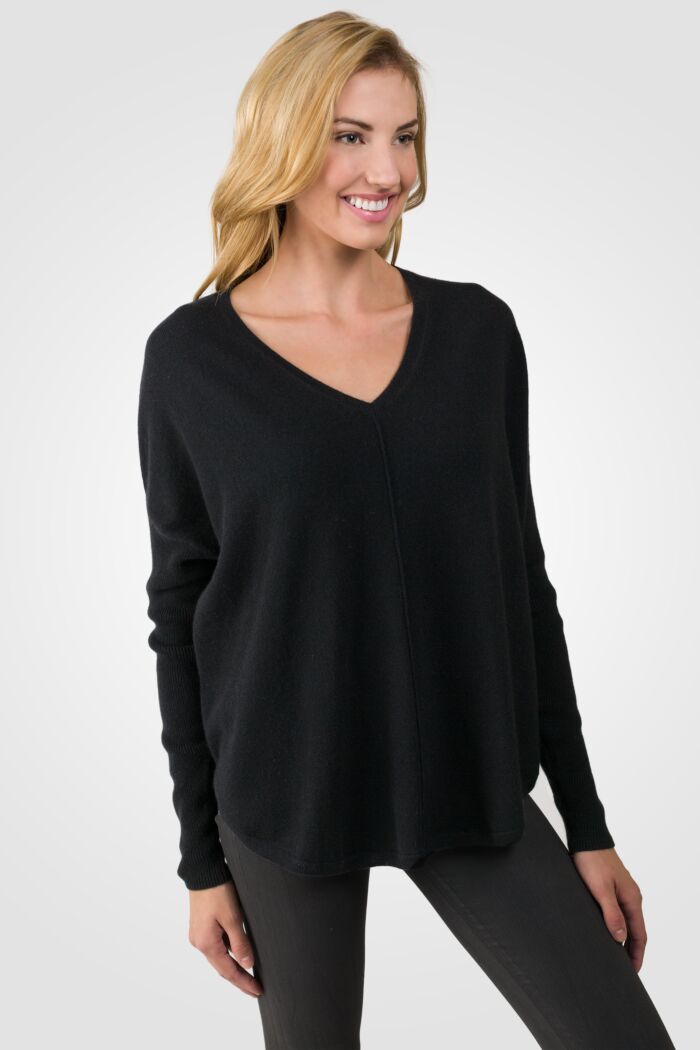 Black Cashmere V-neck Circle High Low Sweater right side view