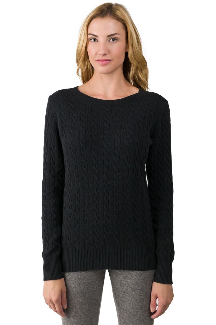 Black Cashmere Cable-knit Crewneck Sweater front view