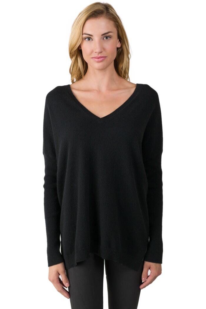 Black Cashmere Oversized Double V Dolman Sweater front view