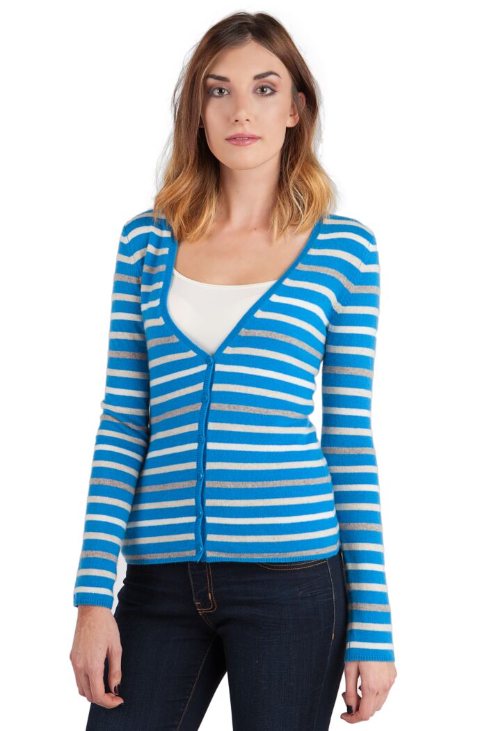 Blue Stripe Cashmere Long Sleeve V Neck Cardigan Front View