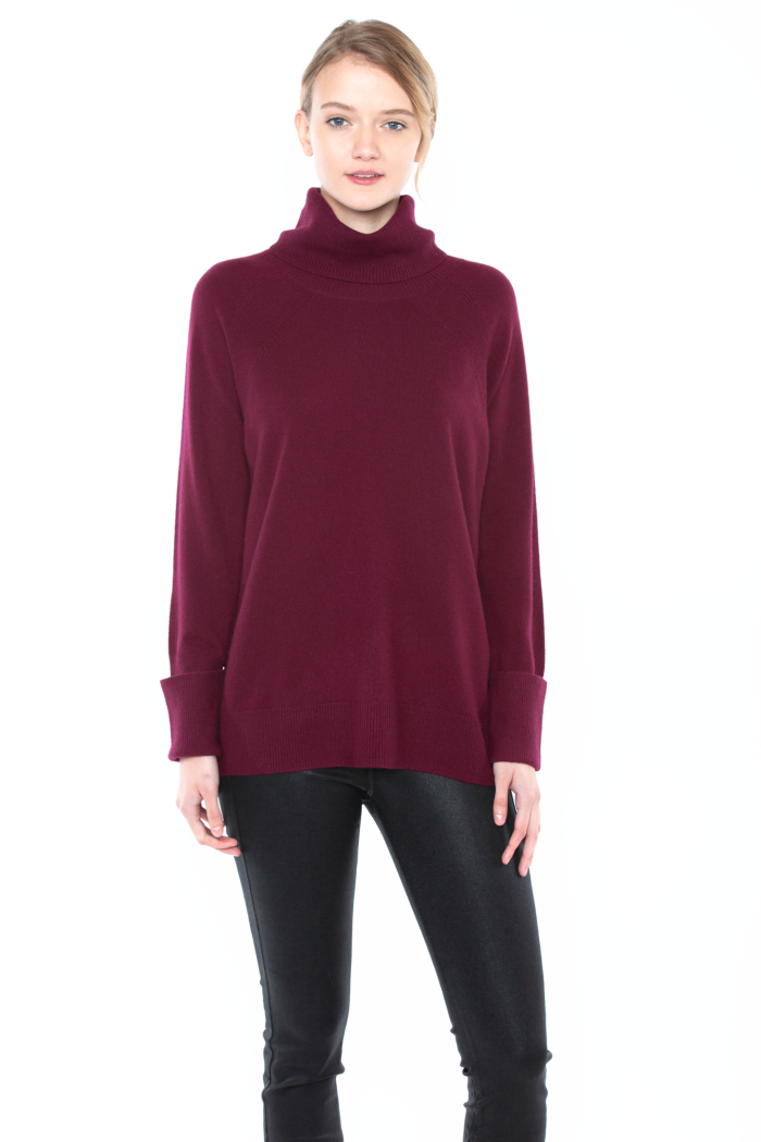 JENNIE LIU Women's 100% Pure Cashmere Cowl-neck Raglan Tunic High-low Sweater
