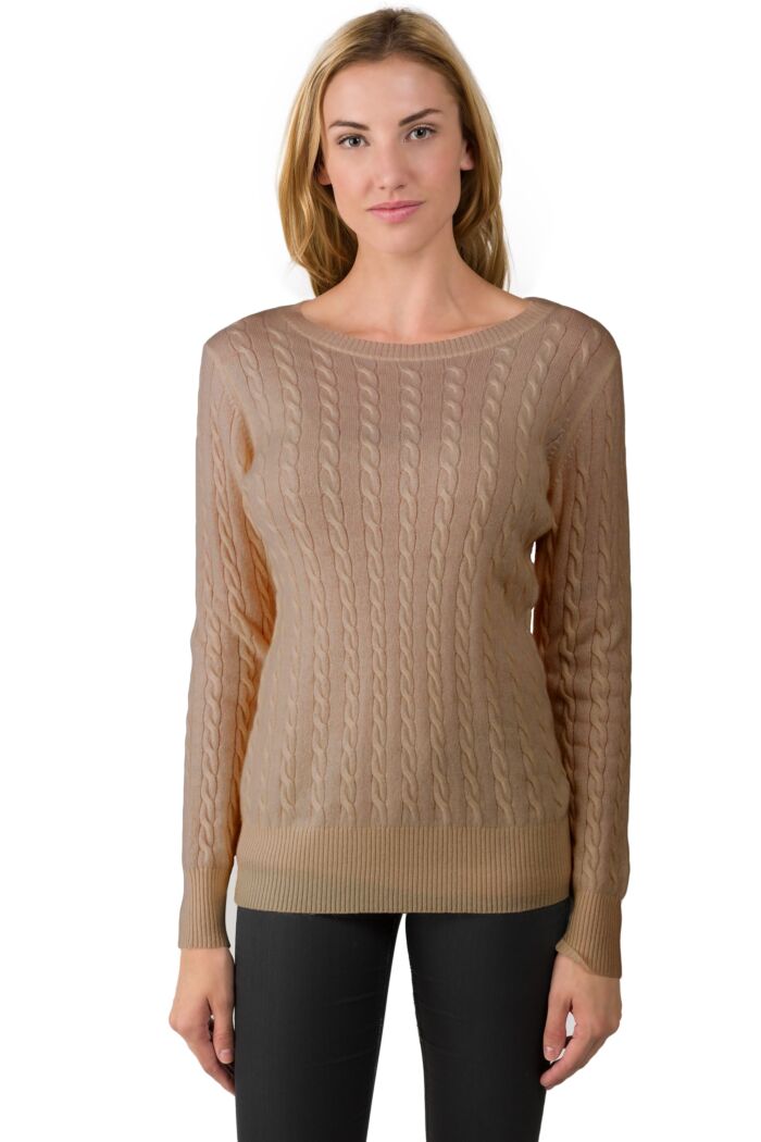 Camel Cashmere Cable-knit Crewneck Sweater