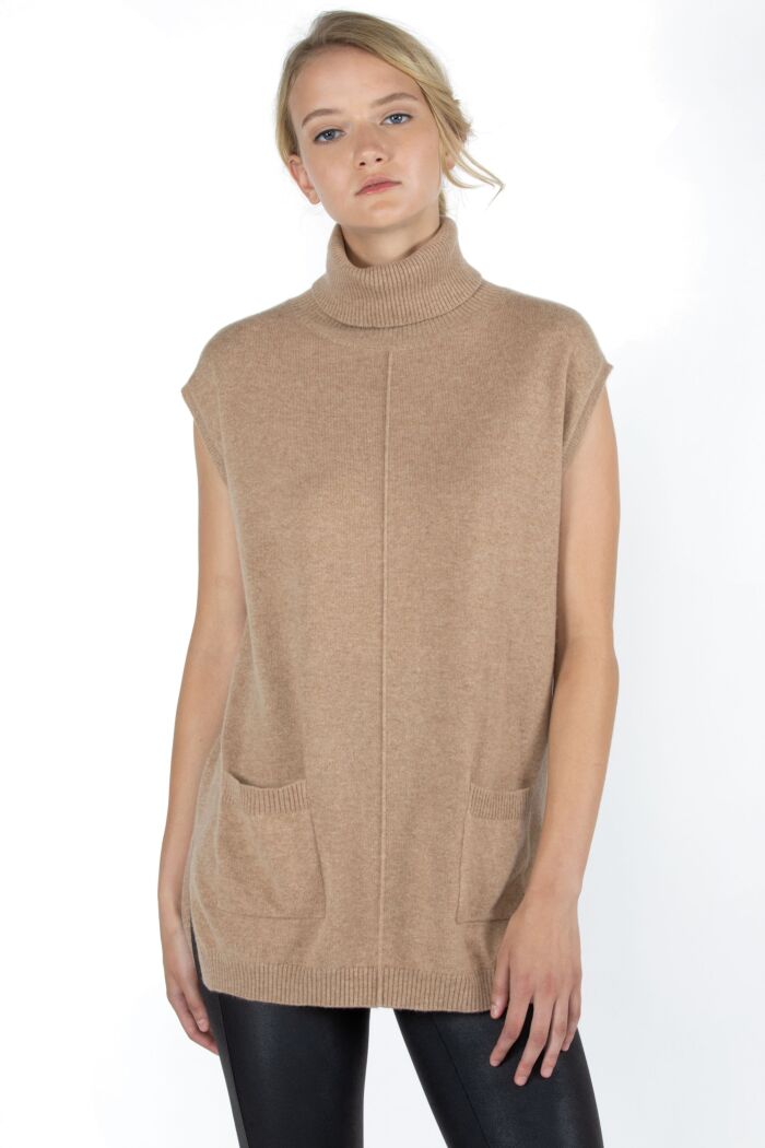 JENNIE LIU Women's 100% Pure Cashmere Sleeveless Turtleneck Hi-Lo Tunic Sweater