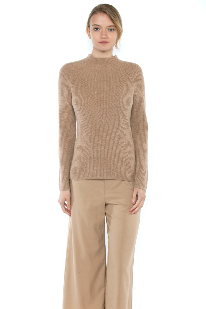 JENNIE LIU Women's 100% Pure Cashmere Long Sleeve Chuncky Rib Funnel Neck Sweater