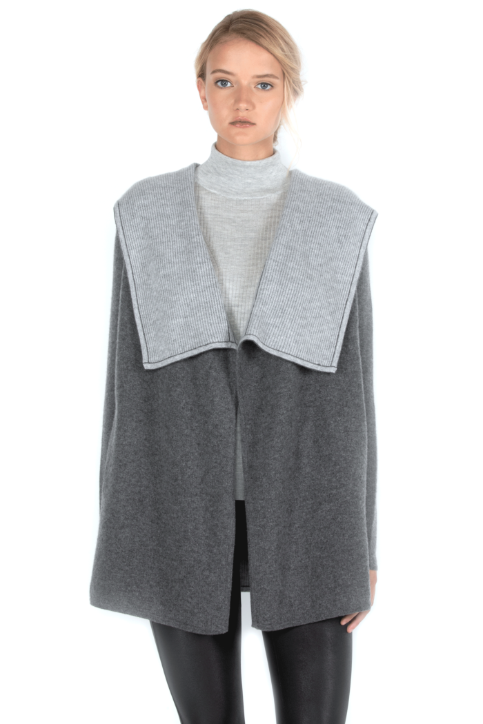 JENNIE LIU Women's 100% Pure Cashmere Long Sleeve 2-tone Double Face Cascade Open Cardigan Sweater