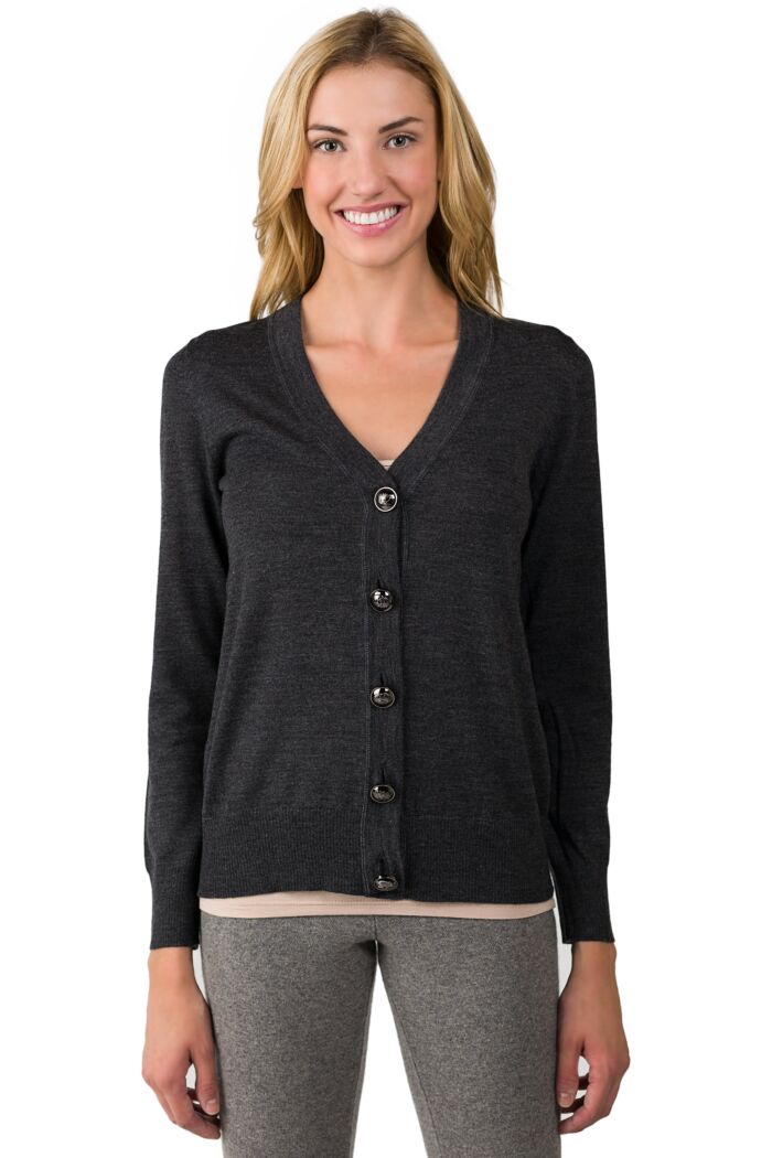 Charcoal Merino Wool Long Sleeve V Neck Cardigan Sweater Front View