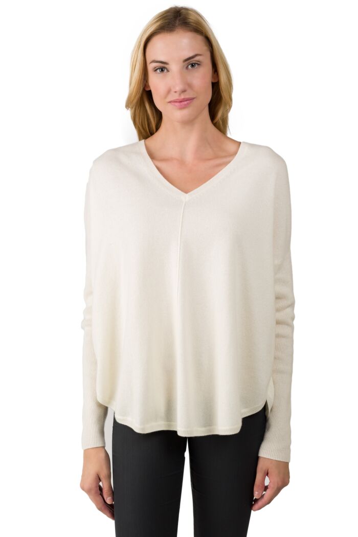 Cream Cashmere V-neck Circle High Low Sweater front view