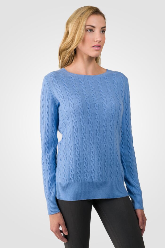 Crystal Blue Cashmere Cable-knit Crewneck Sweater right side view