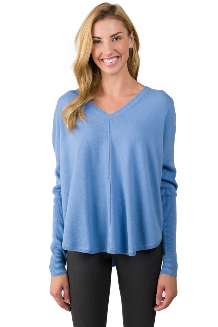 Crystal Blue Cashmere V-neck Circle High Low Sweater front view