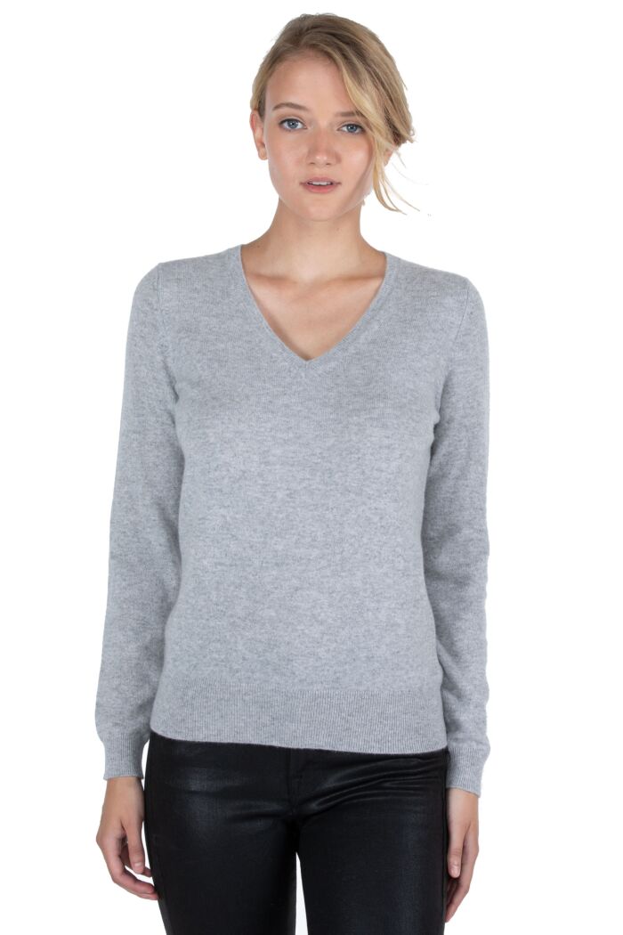JENNIE LIU Women's 100% Pure Cashmere Long Sleeve Pullover V Neck Sweater(M, Grey)