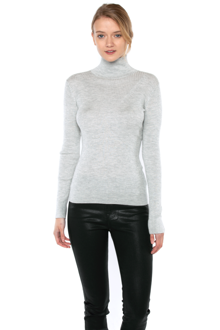 JENNIE LIU Tissue Weight 55% Silk 45% Cashmere Ribbed Long Sleeve Turtleneck Sweater