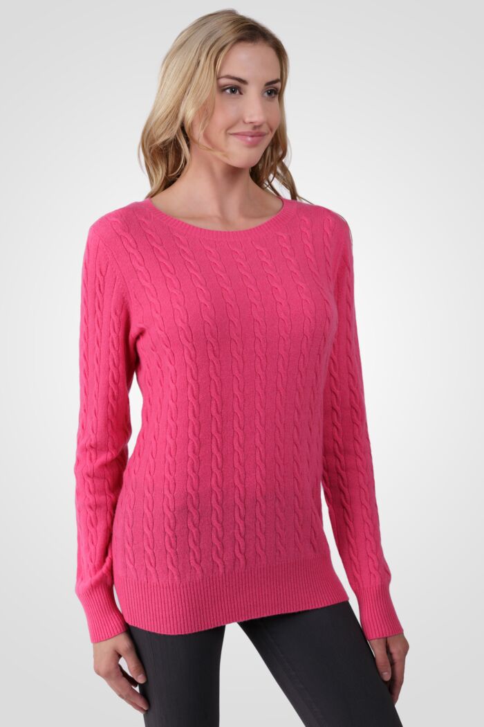 Hot Pink Cashmere Cable-knit Crewneck Sweater right side view