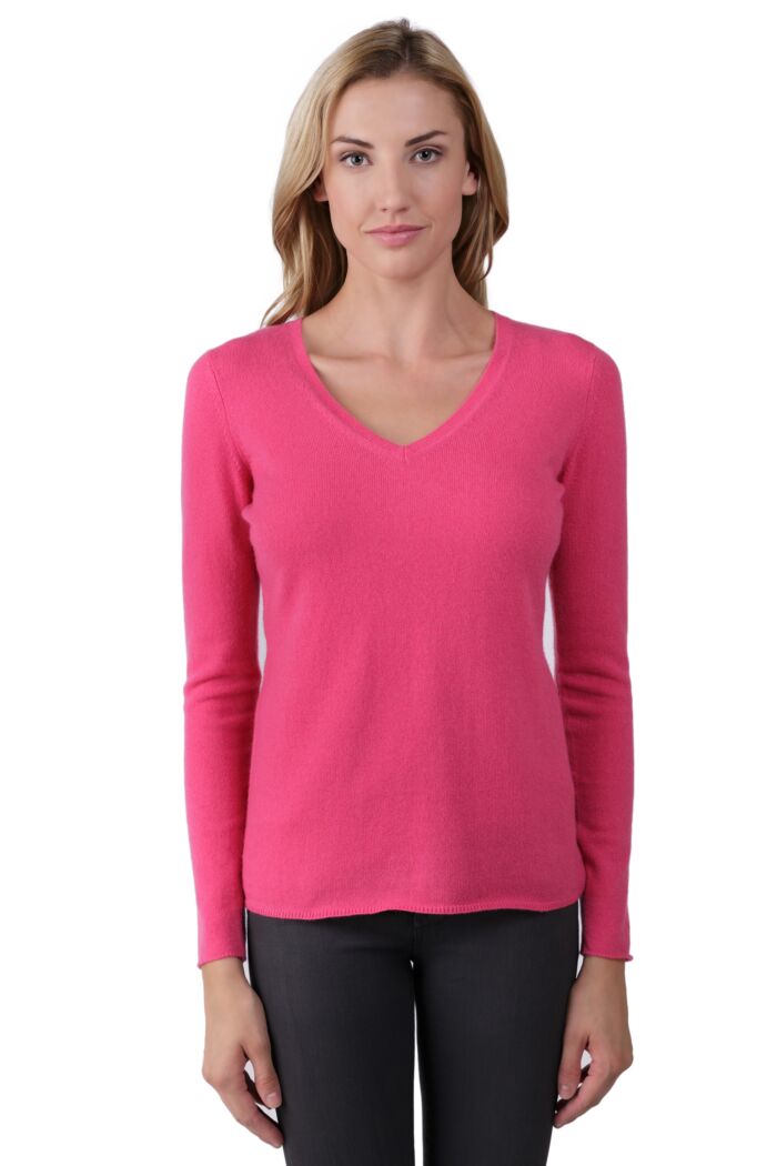 JENNIE LIU Women's 100% Pure Cashmere Long Sleeve Pullover V Neck Sweater(XL, Hot Pink)