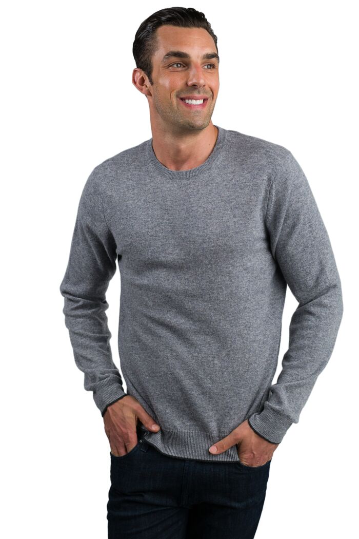 Lt Grey Men's 100% Cashmere Long Sleeve Pullover Crewneck Sweater Front View