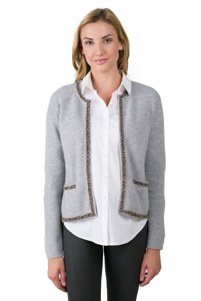 Lt Heather Grey Cashmere Lace-trim Crop Cardigan Sweater front view