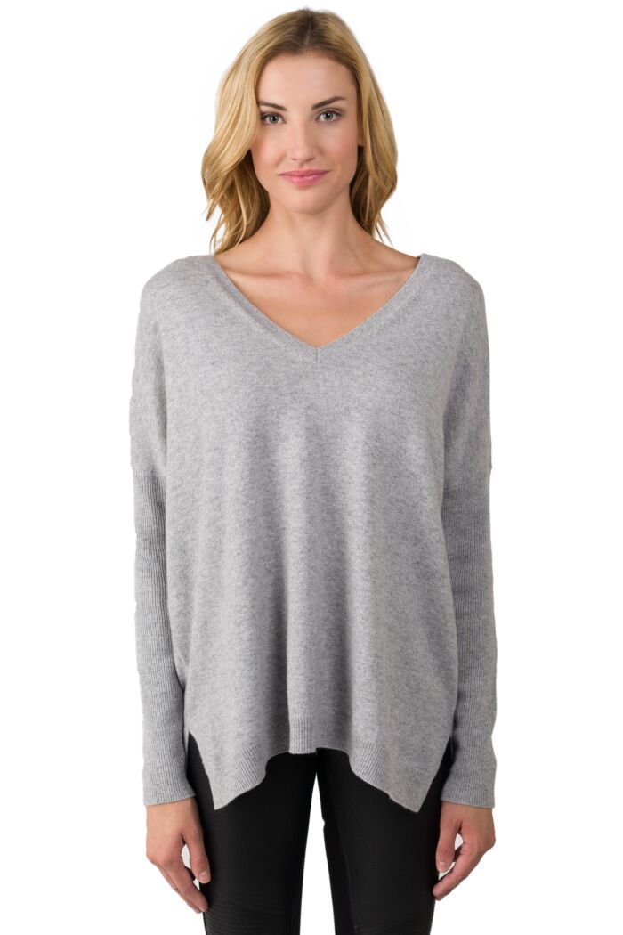 Lt Heather Grey Cashmere Oversized Double V Dolman Sweater front view
