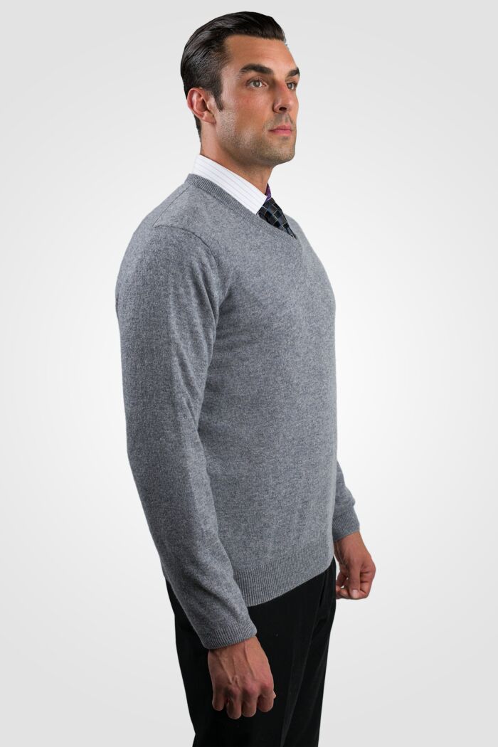 Lt Grey Men's 100% Cashmere Long Sleeve Pullover V Neck Sweater Right View