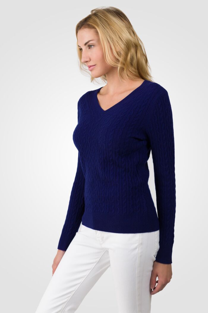 Midnight Blue Cashmere Cable-knit V-neck Sweater - J CASHMERE
