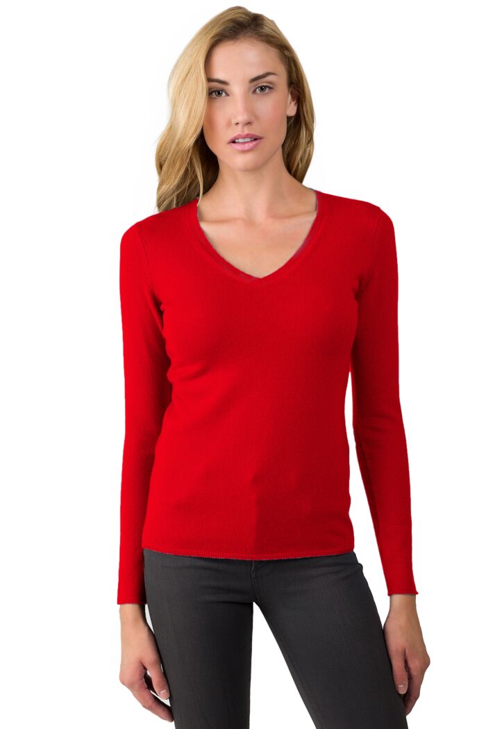 JENNIE LIU Women's 100% Pure Cashmere Long Sleeve Pullover V Neck Sweater(S, Neon Red)