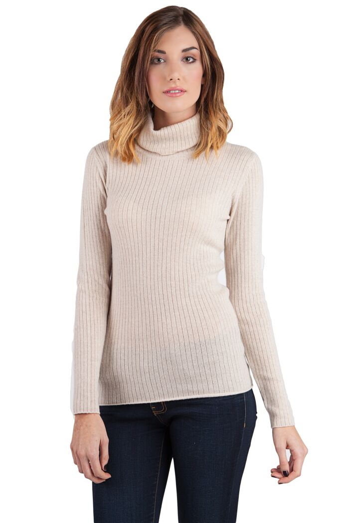 Oatmeal Cashmere Rib Turtleneck Sweater Front View