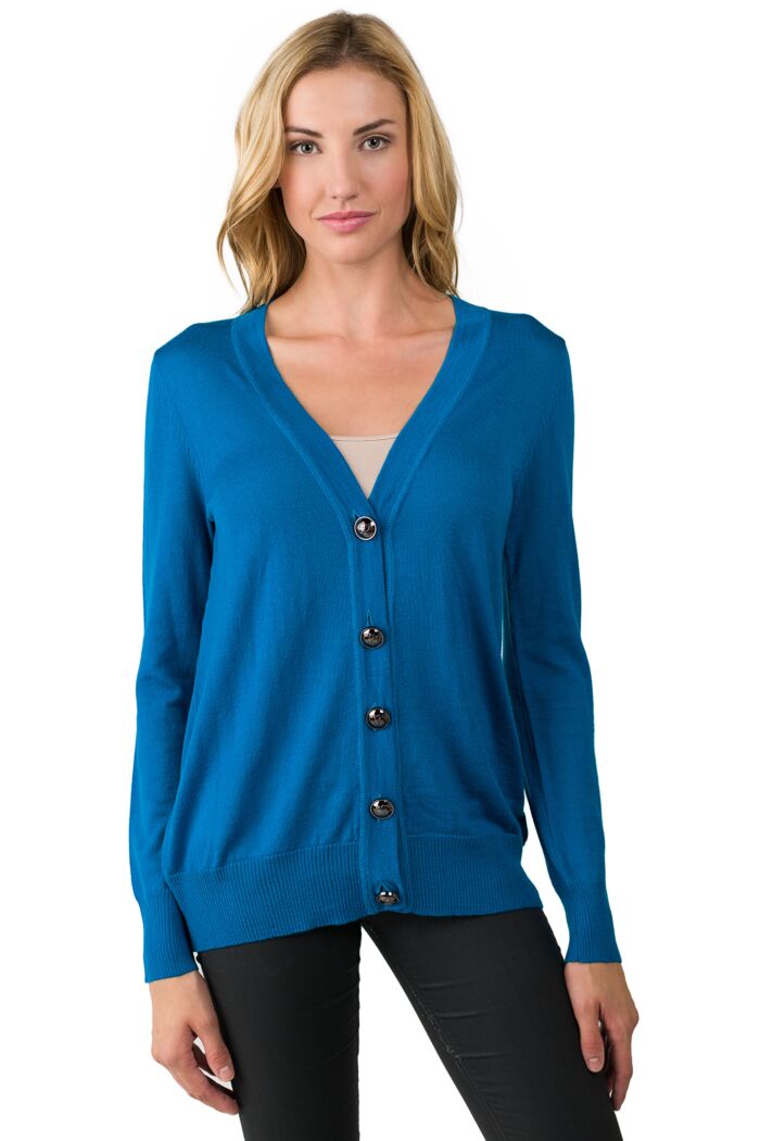 Ocean Blue Merino Wool Long Sleeve V Neck Cardigan Sweater Front View