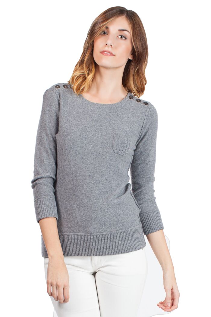 Grey Chloe Cashmere 3/4 sleeves Crewneck Sweater Front View