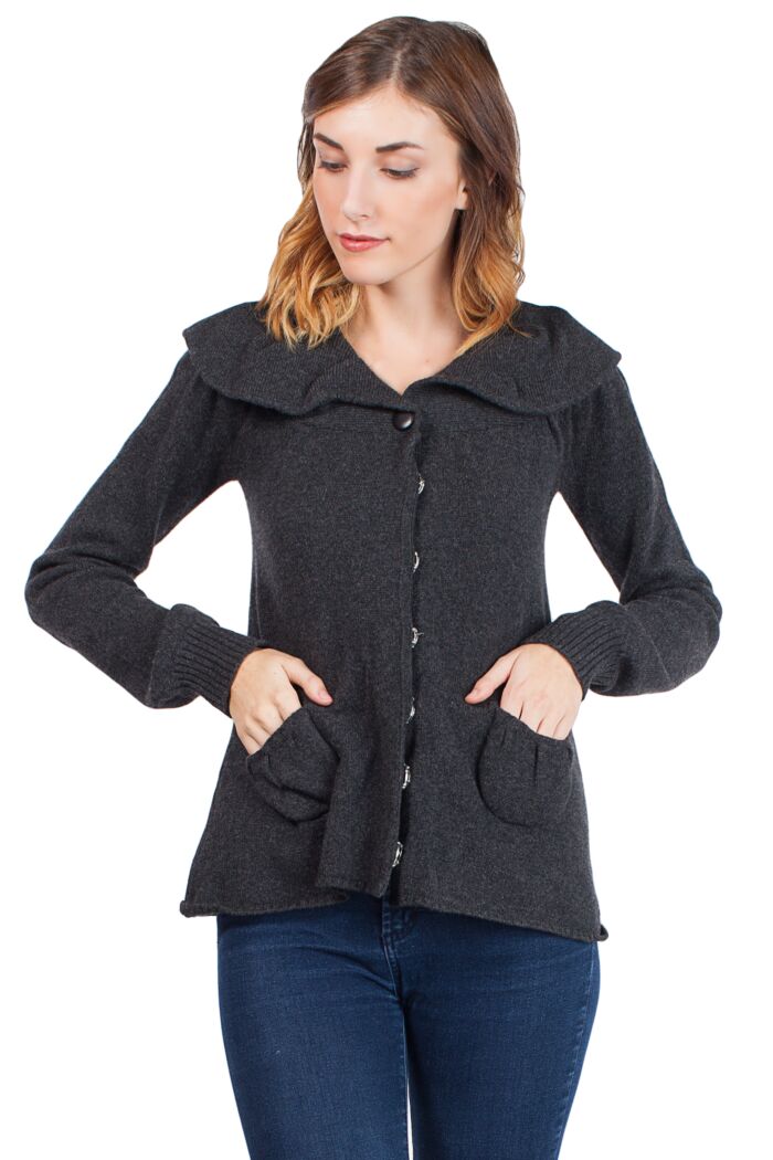Charcoal Cashmere 4-ply Snap Cardigan Sweaters Front View