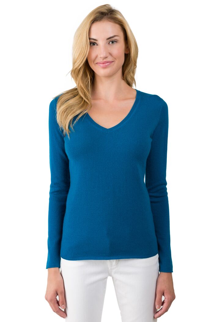 JENNIE LIU Women's 100% Pure Cashmere Long Sleeve Pullover V Neck Sweater(M, Peacock Blue)