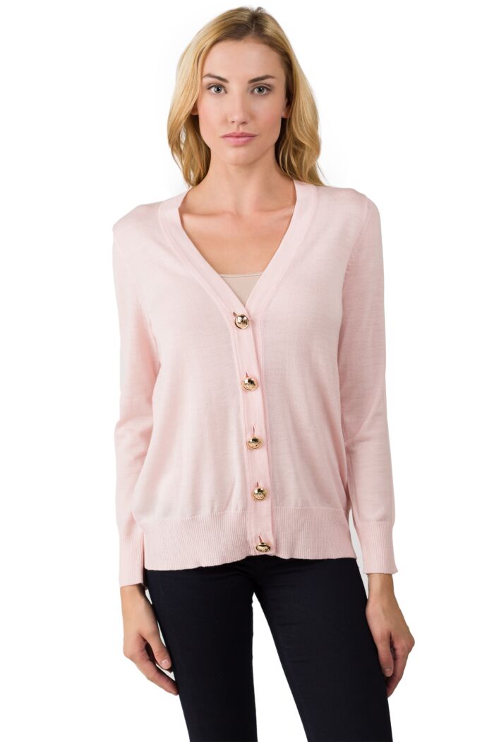 Pink Merino Wool Long Sleeve V Neck Cardigan Sweater Front View