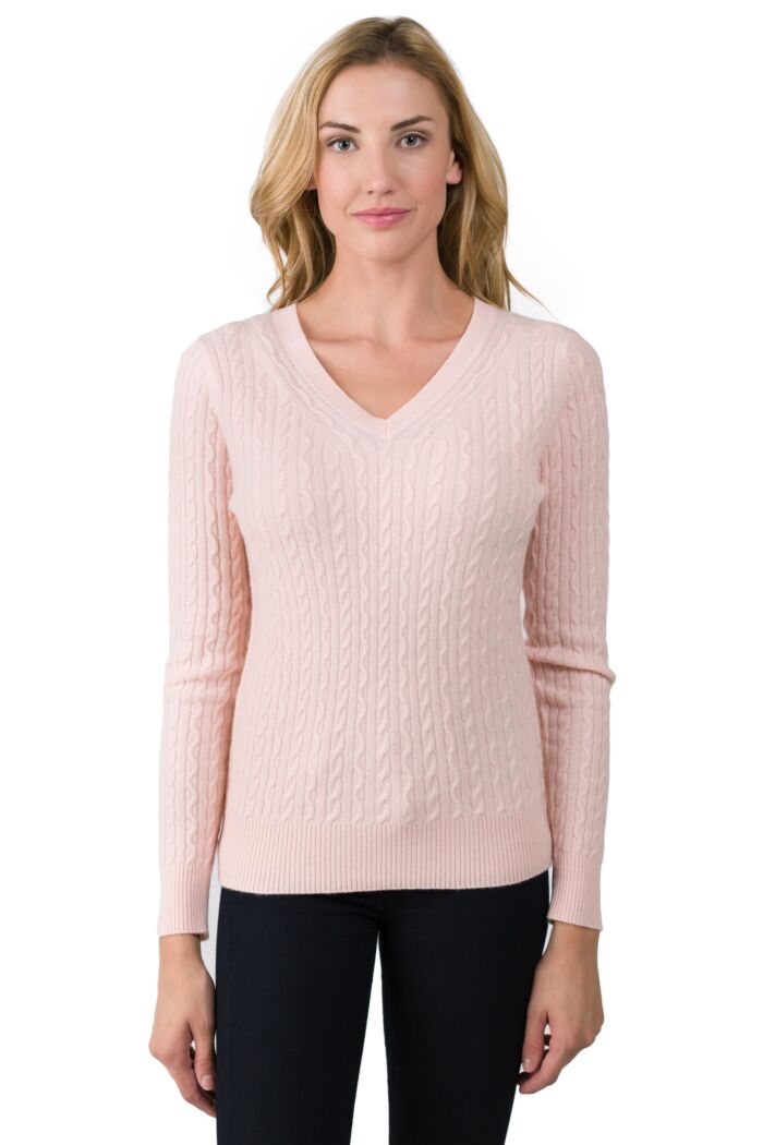 Pink Pearl Cashmere Cable-knit V-neck Sweater front view
