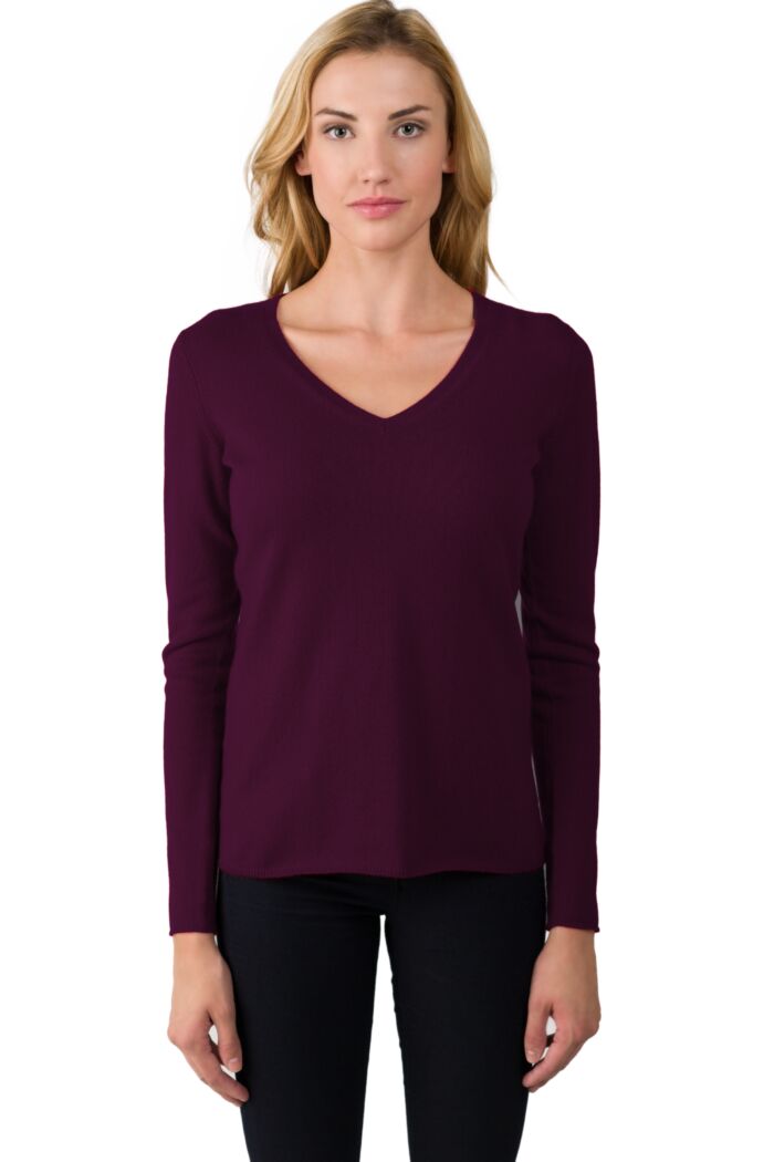 JENNIE LIU Women's 100% Pure Cashmere Long Sleeve Pullover V Neck Sweater(L, Purple)