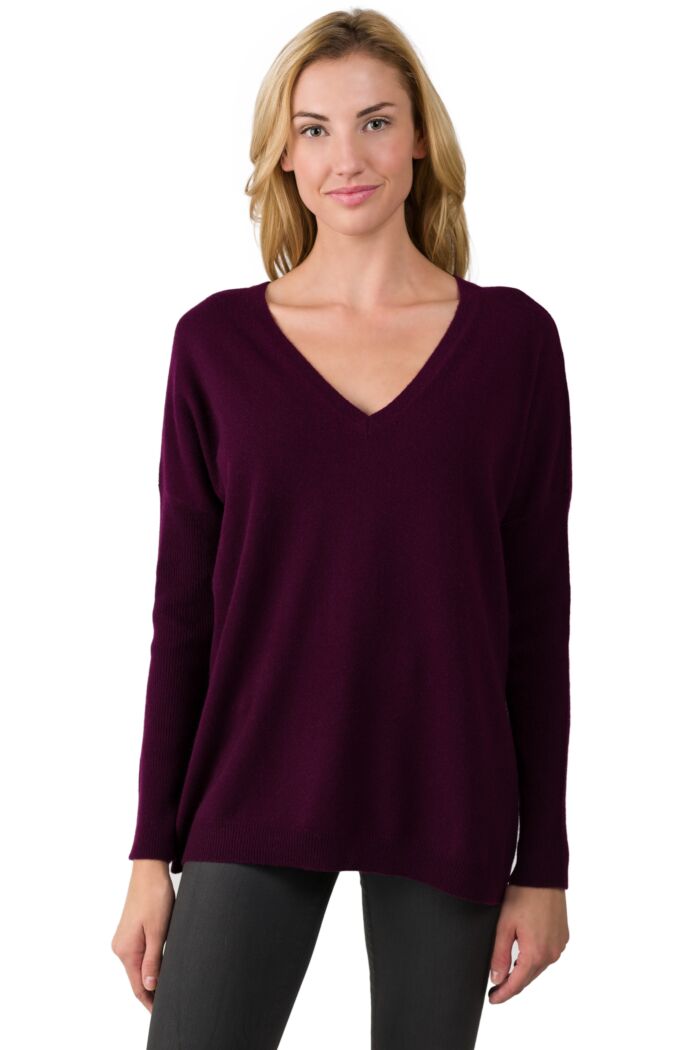 Plum Cashmere Oversized Double V Dolman Sweater front view