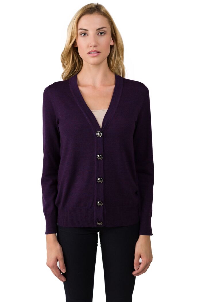 Purple Merino Wool Long Sleeve V Neck Cardigan Sweater Front View