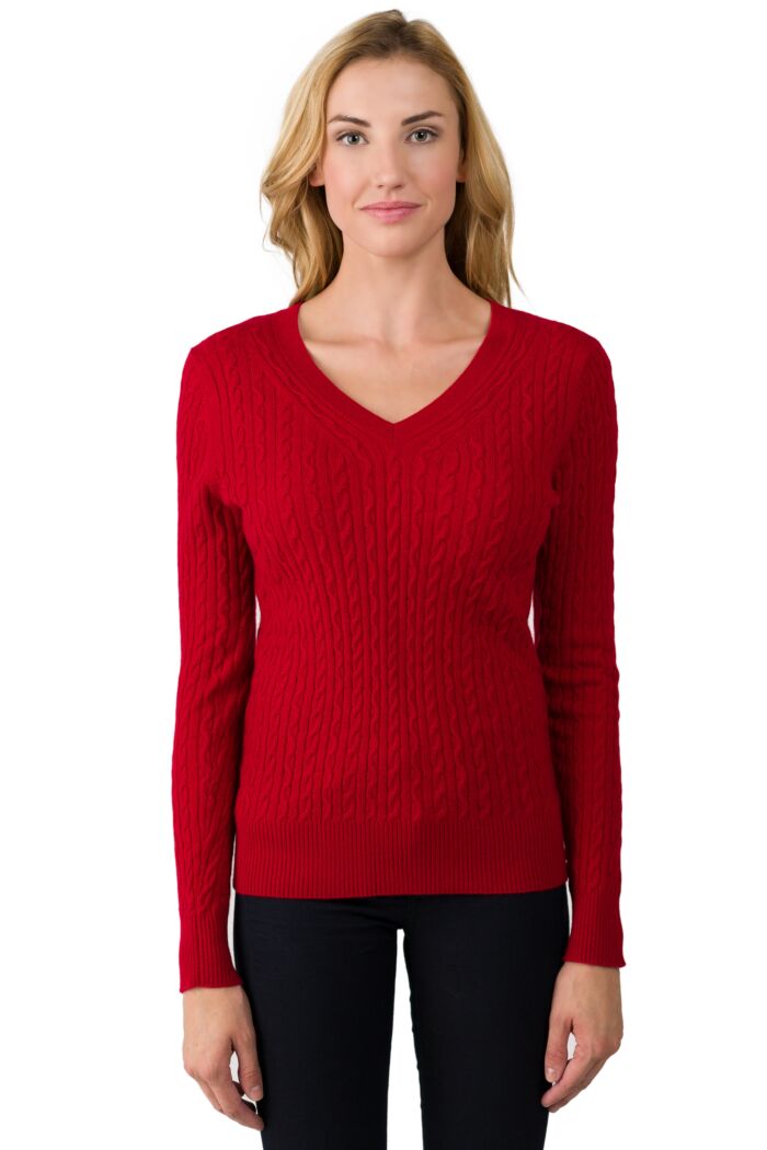 Red Cashmere Cable-knit V-neck Sweater front view
