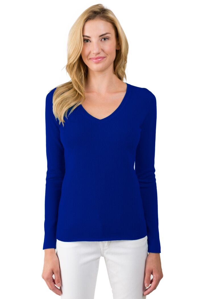 JENNIE LIU Women's 100% Pure Cashmere Long Sleeve Pullover V Neck Sweater(M, RoyalBlue)