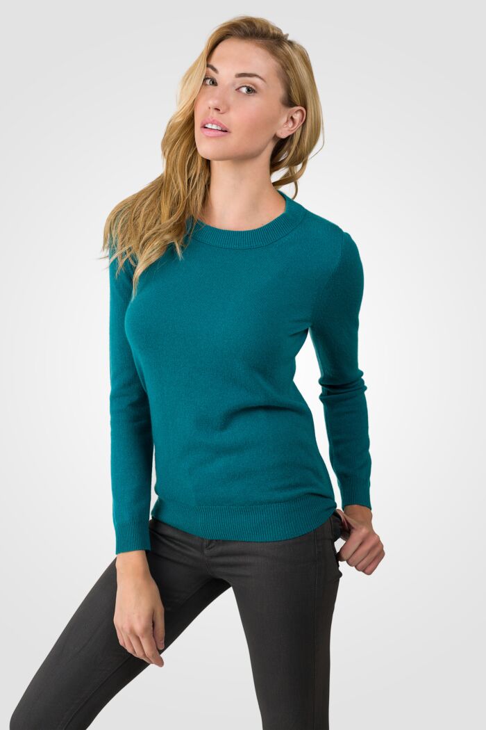 Teal Cashmere Crewneck Sweater left side view