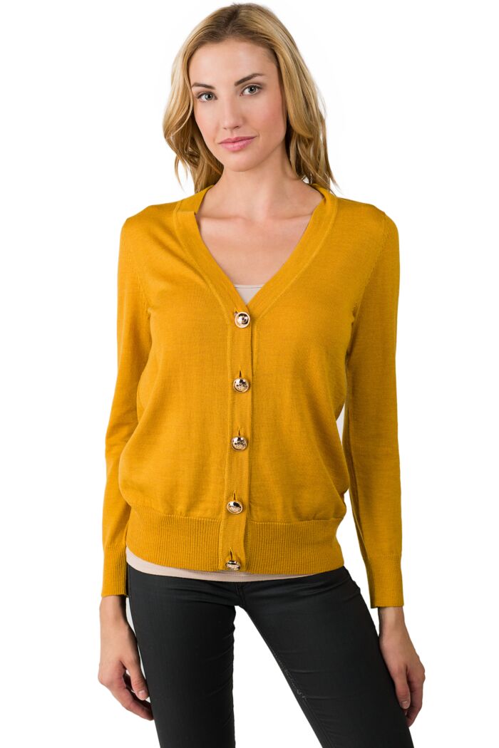 Sun Flower Merino Wool Long Sleeve V Neck Cardigan Sweater Front View